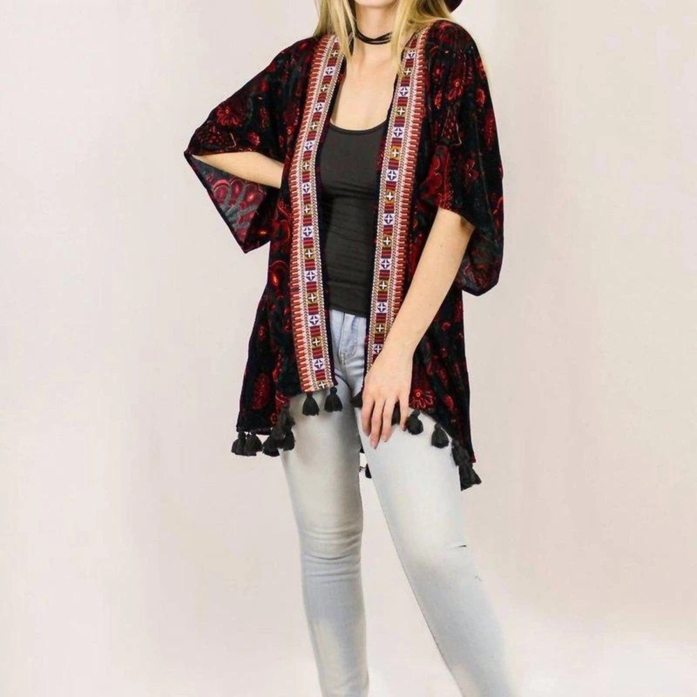 New Avani Del Amour Black Red Kimono Velvet Burnout Womens Medium Romantic Boho